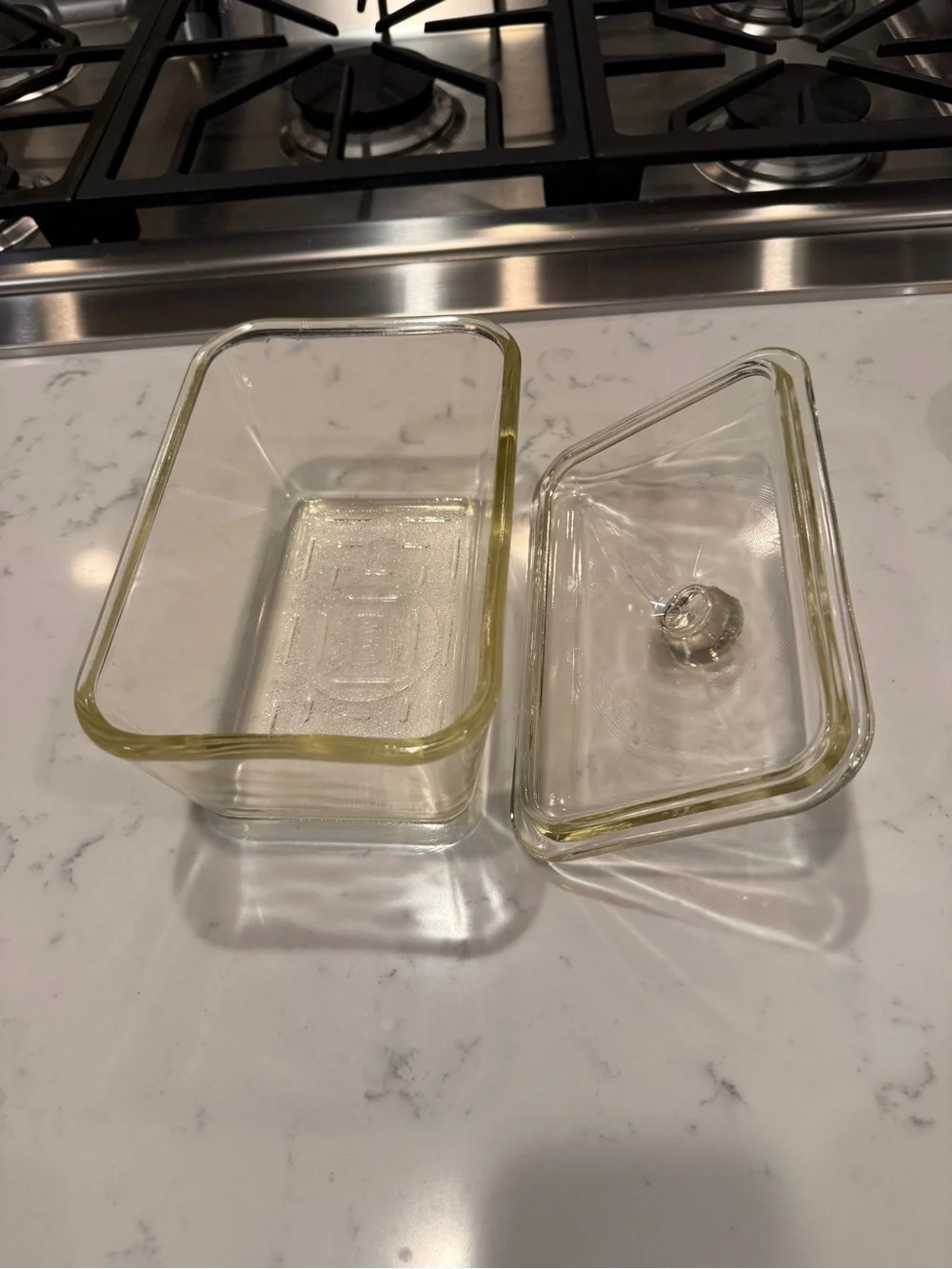 Vintage Glasbake 805 Clear Glass Refrigerator Dish w Lid 1.5 Qt 1940s